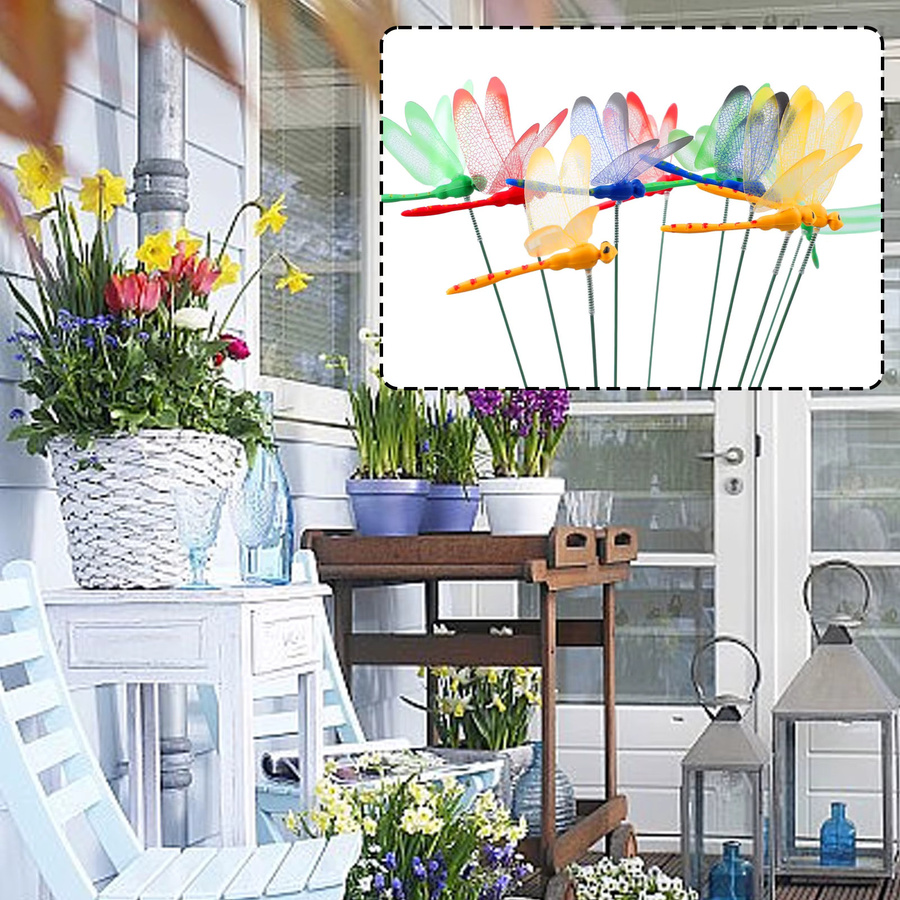10er Set VIBRATITE Libellen-Steckfiguren aus wasserfestem PVC zur Garten- und Blumentopfdekoration in verschiedenen Farben - Bild 3