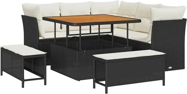 vidaXL 8-teiliges Gartensofa-Set aus Polyrattan und Akazie in Schwarz mit Kissen und Ottoman für Garten, Terrasse oder Balkon - Bild 1