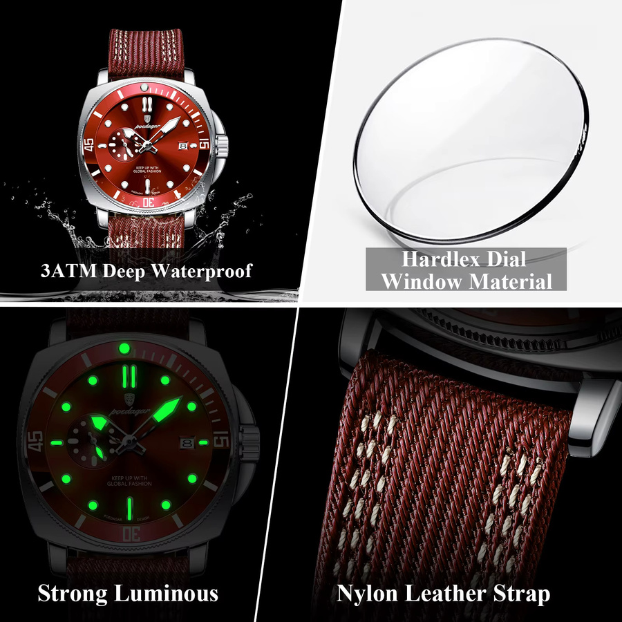 POEDAGAR Armbanduhr Quarz, Leder, Edelstahl, Schwarz, Herren - Bild 4