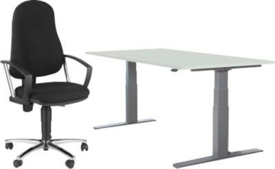 Büromöbel-Set Login: Elektrisch höhenverstellbarer Schreibtisch (Breite: 160 cm) in Lichtgrau/Weißaluminium und Bürostuhl Point 60 - Bild 1