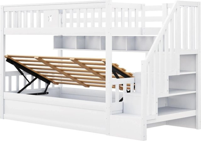 Merax Hochbett für Kinder aus Holz und MDF mit Treppe und Regal, Weiß/Grau, B/T/H: 90 x 200 x 120 cm - Bild 1