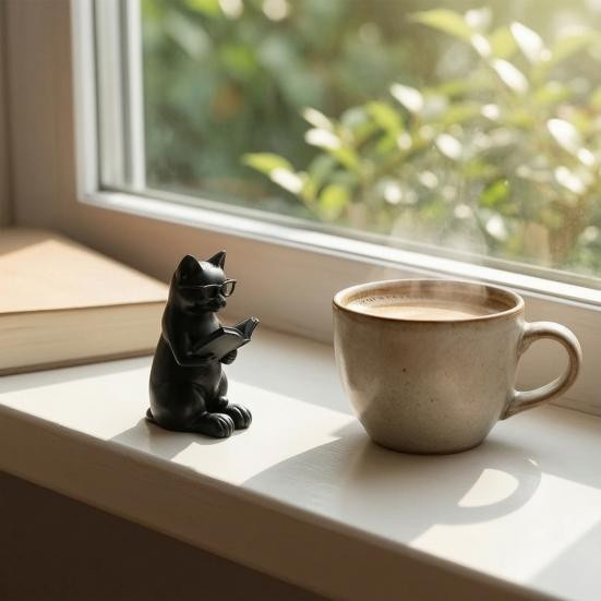 Niedrige 3D-gedruckte Lese-Katzenfigur von Full in Love House in Schwarz mit Brille als dekorative Katzenstatue für dein Bücherregal oder deinen Schreibtisch - Bild 3