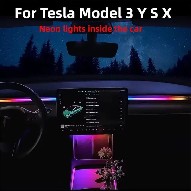 QYJSD 2 in 1 Dynamische Neon RGB LED Umgebungsbeleuchtung für Tesla Modell 3 und Modell Y, Multicolour Dashboard Dekolampe mit USB-Anschluss - Bild 1