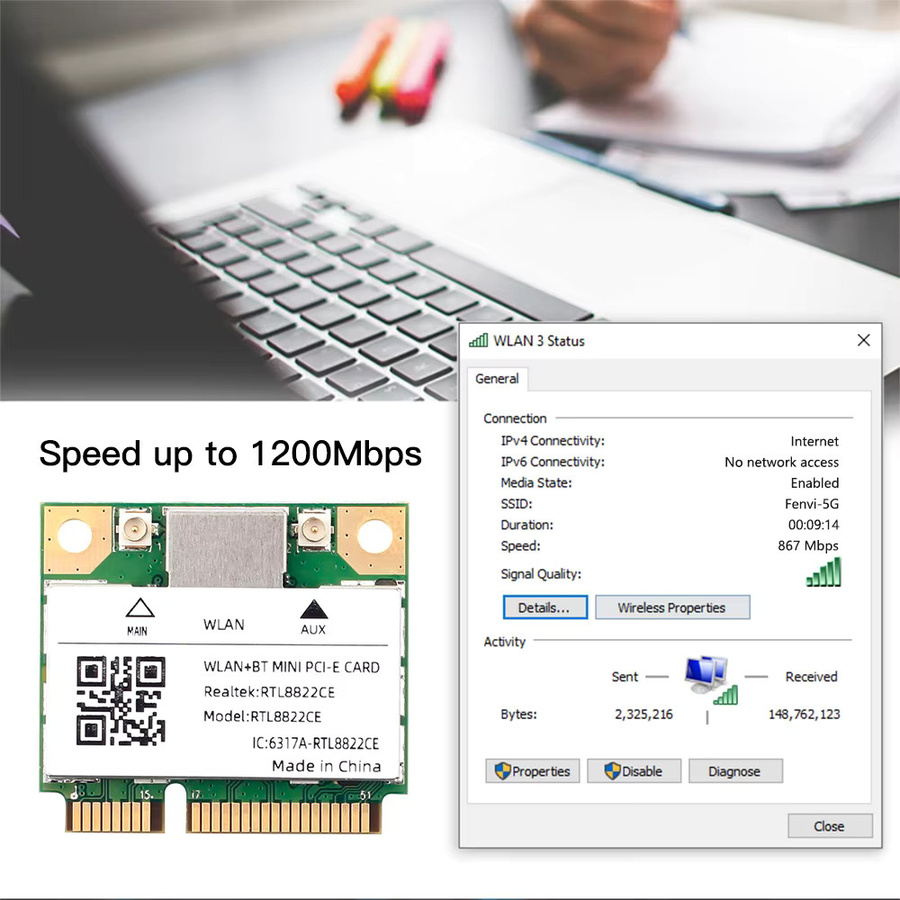 Fenvi Dual Band Mini PCIe RTL8822CE WLAN Karte mit Bluetooth 5.0 und 1200Mbps WiFi für Windows 10/11 - Bild 3