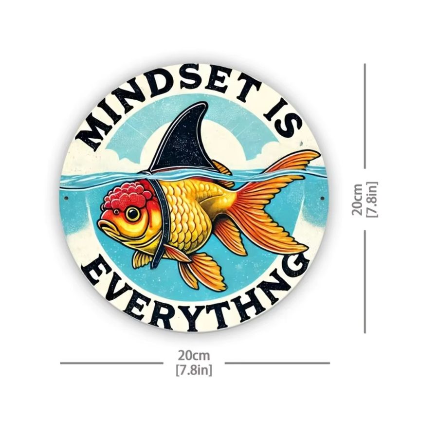 HELLOYOUNG Motivationsschild aus Eisen mit Mindset is Everything Motiv und Goldfisch- sowie Haifischflossen-Design zur Dekoration von Heim und Büro - Bild 2