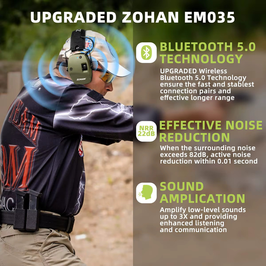 ZOHAN Bluetooth Anti-Lärm-Ohrenschützer in Grün, kabelloser Over-Ear Gehörschutz für Jagd und taktische Einsätze - Bild 2