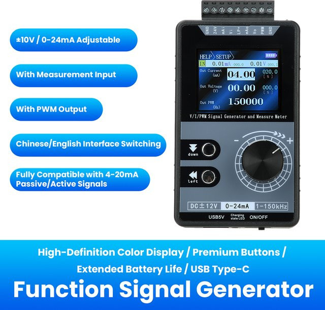 Gaqqee PWM-Impulssignalgenerator mit 2-Zoll-Farbbildschirm und Typ-C-Anschluss, Schwarz, 0-20mA, 4-20mA, 0-10V - Bild 1