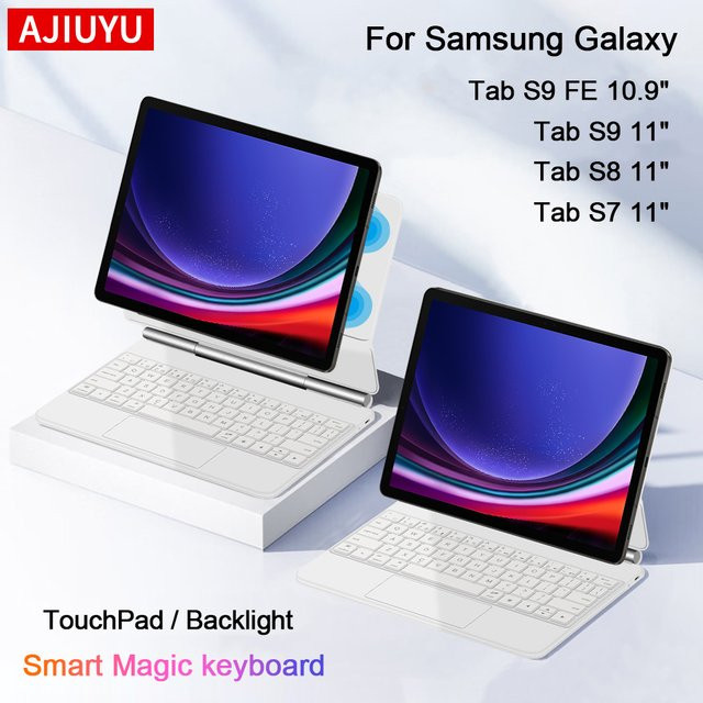 AJIUYU Magic Hintergrundbeleuchtung Tastatur Folio für Samsung Galaxy Tab S9 FE, S7, S8, S9 11 Zoll mit Touchpad und magnetischer Abdeckung in Schwarz oder Weiß - Bild 1