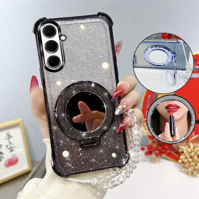 Stoßfeste Glitzer Handyhülle mit Spiegel und Trageriemen für Samsung Galaxy A57 A56 A55 A54 A37 A36 A35 A34 A26 A17 A16 in Transparent/Silber - Bild 1