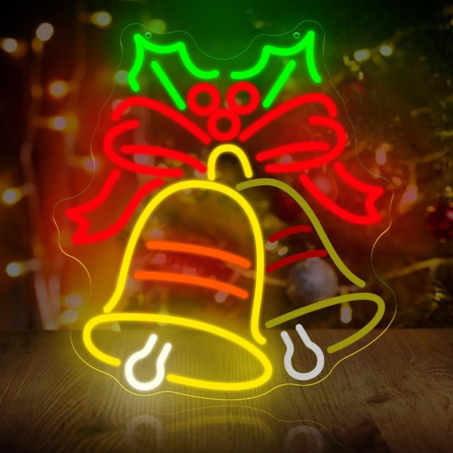 Dimmbares LED-Neonschild mit Weihnachtsglocken und roter Schleife, bunt leuchtende Wanddekoration für dein Zuhause - Bild 1