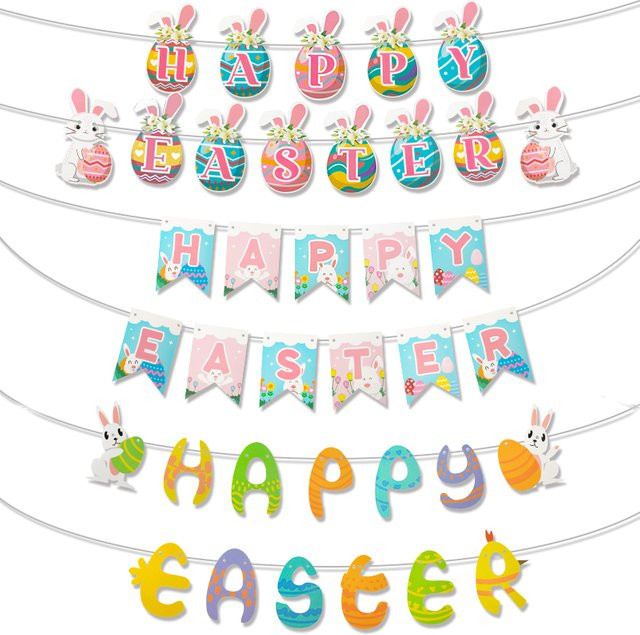Osterbanner mit Häschen und Eiern als bunte Hängegirlande aus Papier für deine Frühlings- und Osterdekoration - Bild 1