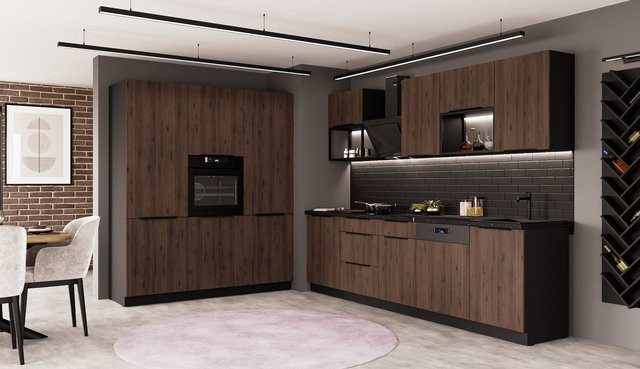 Küchenzeile MONZA LOFT Küchenblock in Nussbaum Okapi und Schwarz Matt - Bild 1