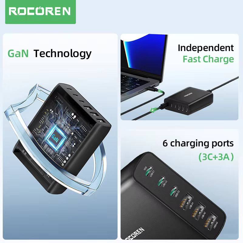 Rocoren 100 W GaN Ladegerät mit USB Typ C PD Schnellladung in Schwarz - Bild 3