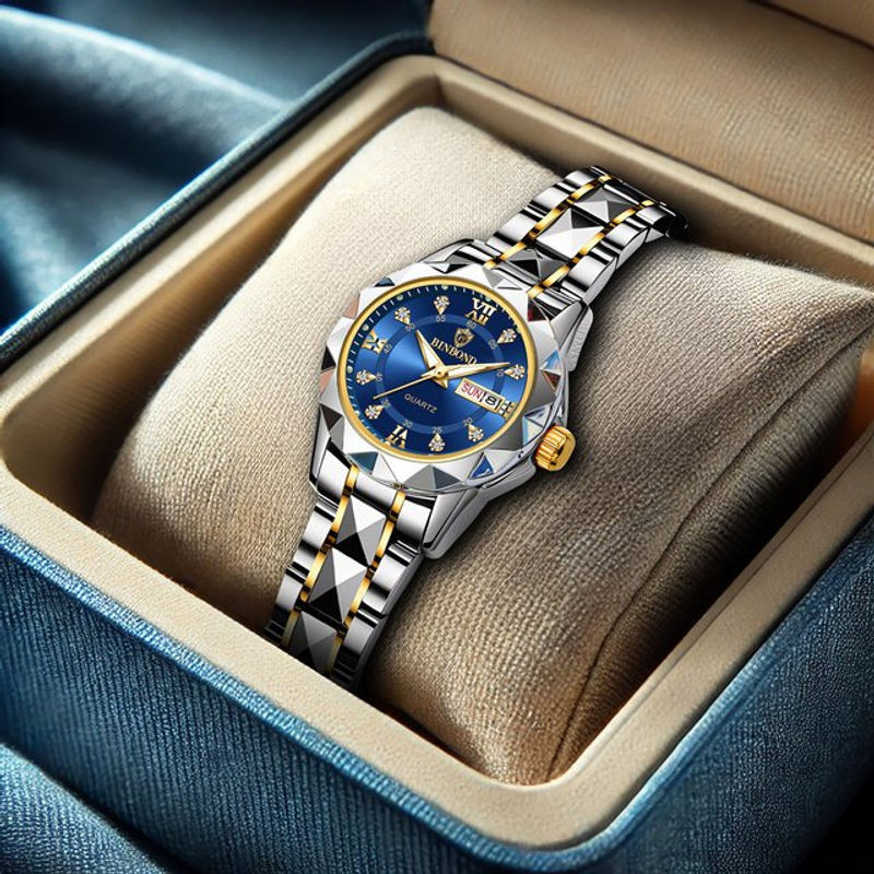 Elegante Quarzuhr für Damen in Gold und Blau mit Datumsanzeige und Nachtlicht aus Metall - Bild 1