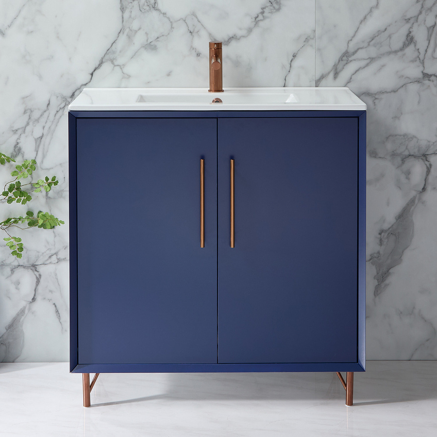Waschtischunterschrank mit Waschbecken HudsonReed Edge in Dunkelblau mit Kupfergriffen und Soft-Close-Türen, Breite: 81 cm - Bild 1