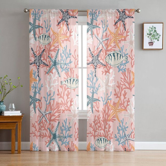 Binchi Voile Gardinen Meeresleben in Blau und Braun mit Korallen-Motiv, Breite: 135 cm, Höhe: 114 cm - Bild 1