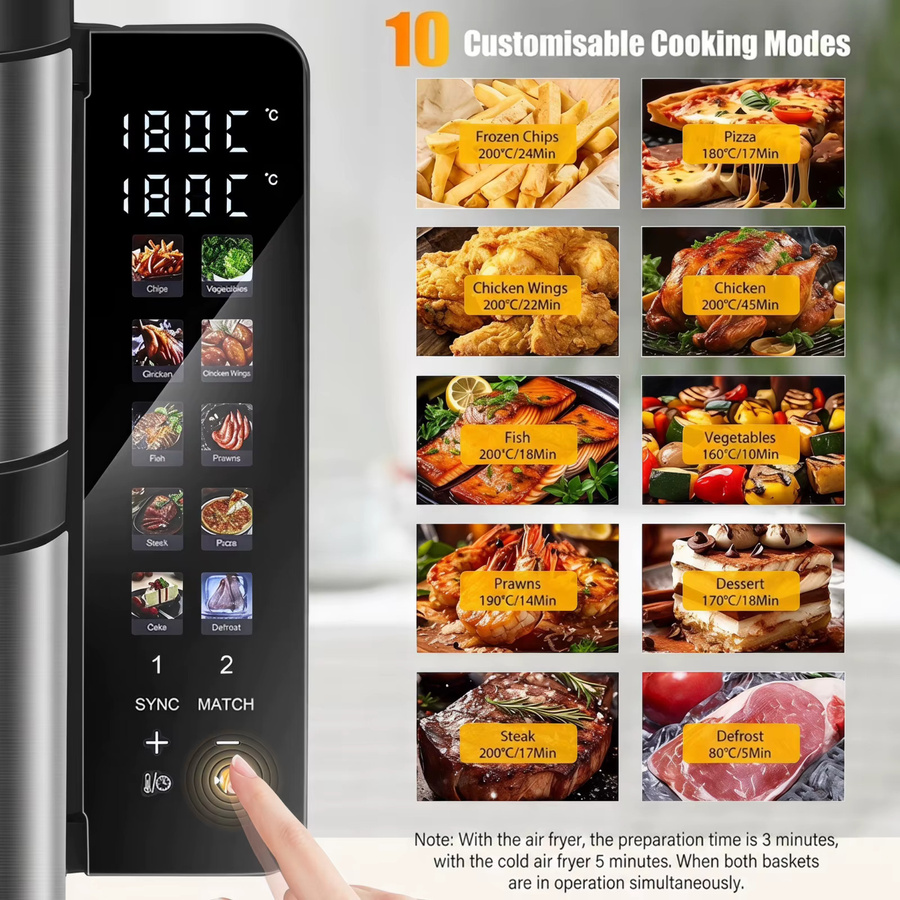 Oyajia XXL Heißluftfritteuse mit Doppelkammer, 11 Liter, Edelstahl, Silber/Schwarz, 2800W mit digitalem Farb-Touch-Display und Timer - Bild 2