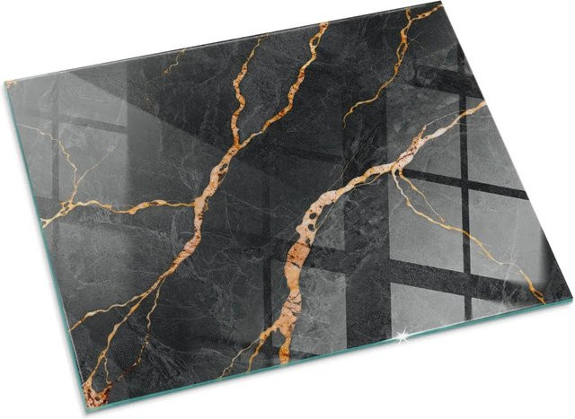 Tulup Glasplatte für Kamin in Schwarz mit Marmor-Optik, Funkenschutzplatte aus Glas, B/T: 80 x 60 cm - Bild 1