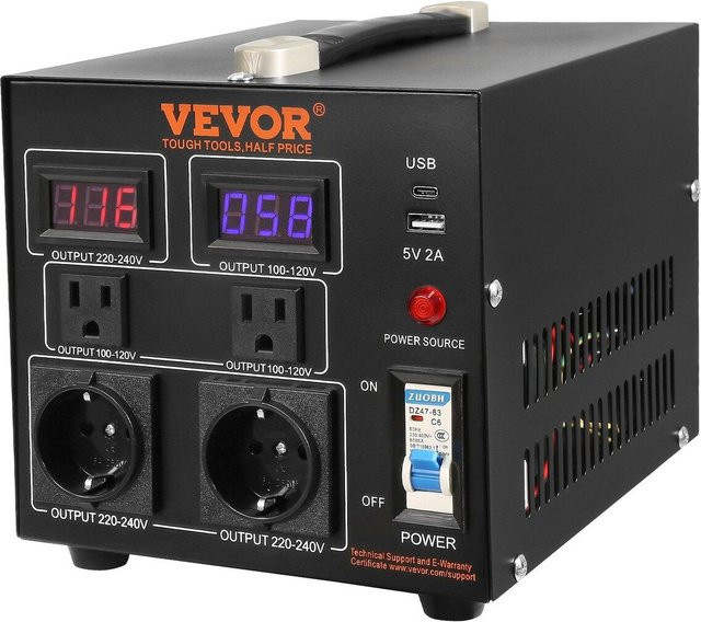 Spannungswandler Transformator von Buying Solutions, MB, 2000VA Aufwärts- und Abwärtswandler, Schwarz, Konvertierung von 110V auf 220V und 220V auf 110V mit USB-C Anschluss - Bild 1