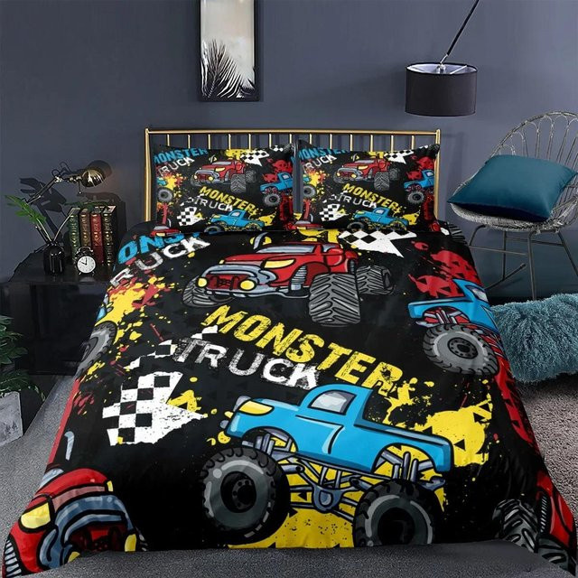 Lodestar Bettwäsche-Set Traktor und Monster Truck für Kinder, 2-teilig mit Bettbezug und Kissenbezug, Farbe Schwarz, B/H: 70 x 133 cm - Bild 1