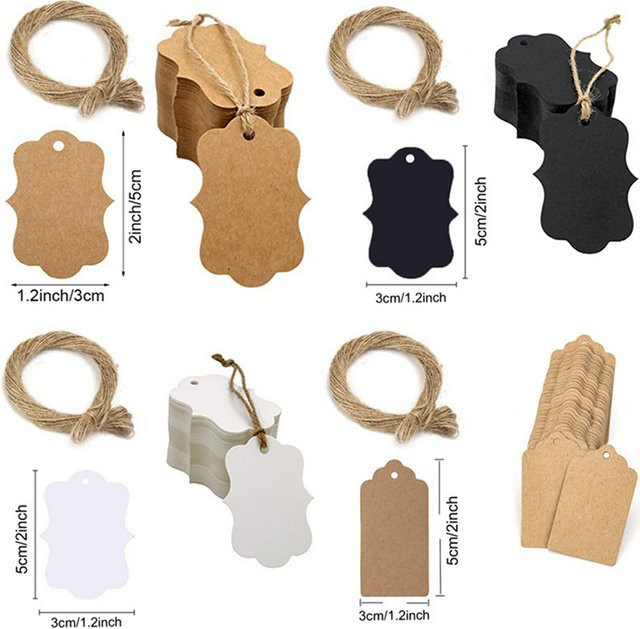 100 Stück DIY Verpackungsetiketten aus Papier in Braun, Schwarz und Weiß, B: 5 cm, H: 3 cm - Bild 1