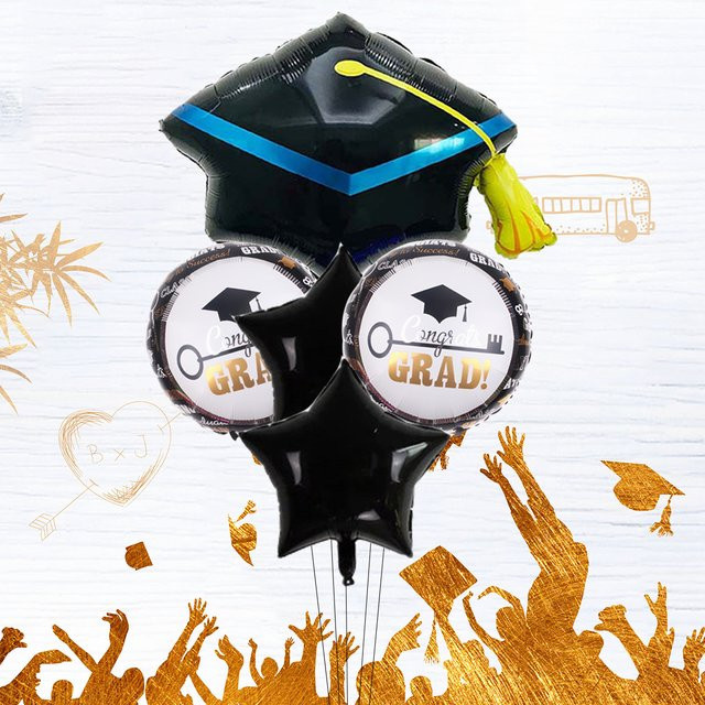 5-teiliges Set Folienballons Congrats Grad mit Doktorhut in Schwarz und Multicolour für deine Abschlussfeier-Dekoration - Bild 1