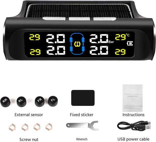 Meiteai-Car&Motor Solar Reifendruck Kontrollsystem TPMS mit Alarmfunktion und Sensoren in Schwarz - Bild 1