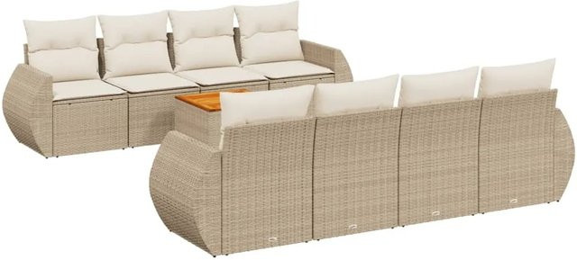 vidaXL 9-teilige Garten-Sofagarnitur aus Poly-Rattan und Akazienholz in Beige und Cremeweiß mit Kissen - Bild 1