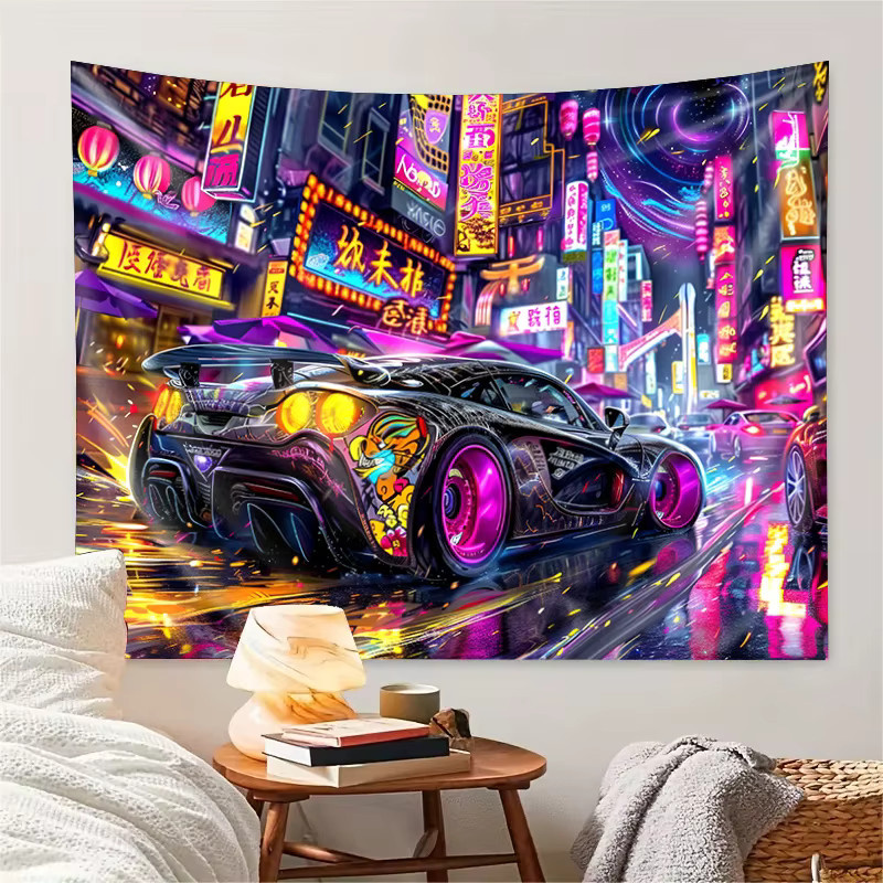 VIKAMA Cyberpunk Neon Sportwagen Wandteppich Wandkunst Dekoration in Multicolour - Bild 2