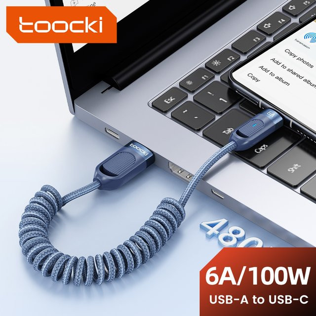 Toocki USB-C Schnellladekabel 6A mit Teleskop-Federfunktion in Blau für Samsung S23, Xiaomi 12 und Redmi - Bild 1