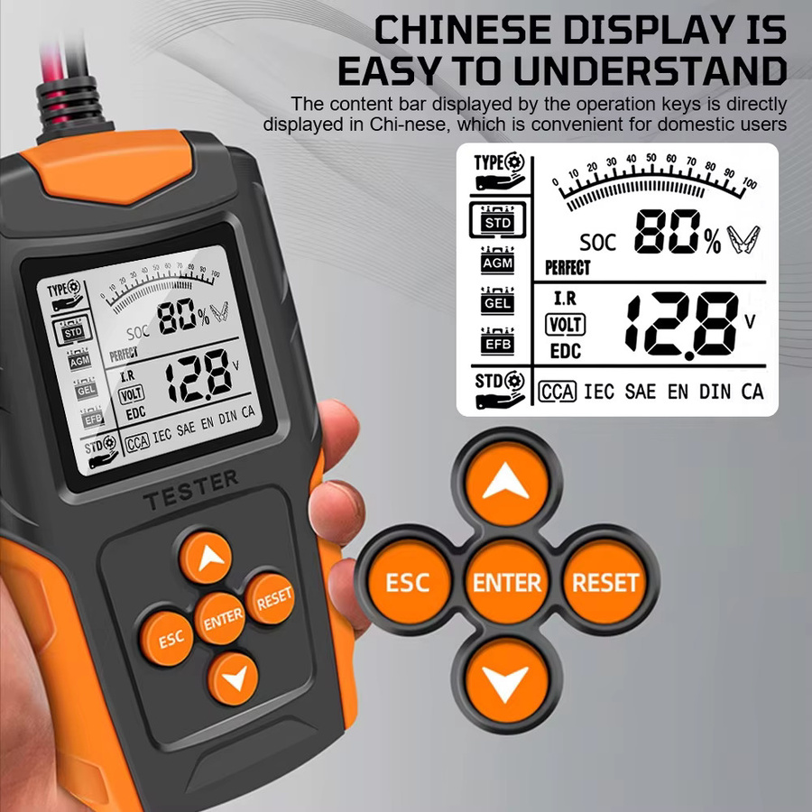 JFIND Digitaler Batterietester für 12V und 24V, Batterieanalysator für AGM, GEL und Nassbatterien, Diagnosewerkzeug für Anlasser und Ladung für Auto und LKW, Orange - Bild 2