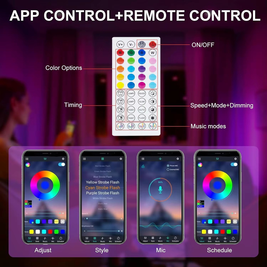Leclstar RGB LED-Streifen mit USB-Anschluss, WLAN und Bluetooth, selbstklebend, Multicolor mit Fernbedienung und Controller - Bild 3