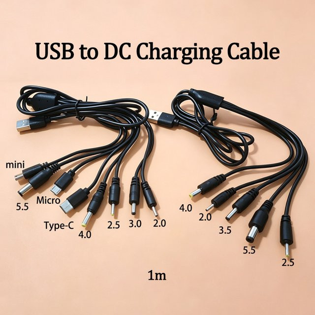 ChengHaoRan Universelles USB-zu-DC-Mehrfachkabel mit Typ-C, Micro-USB und verschiedenen DC-Steckern in Schwarz - Bild 1
