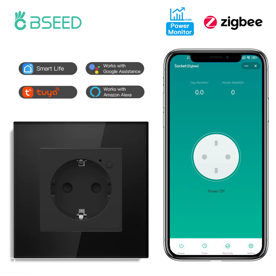 Bseed E-Series Zigbee Energiemonitor Wandsteckdose mit Kristallglas-Rahmen in Transparent, Smart Home kompatibel mit Google Home, Alexa und Smart Life - Bild 2