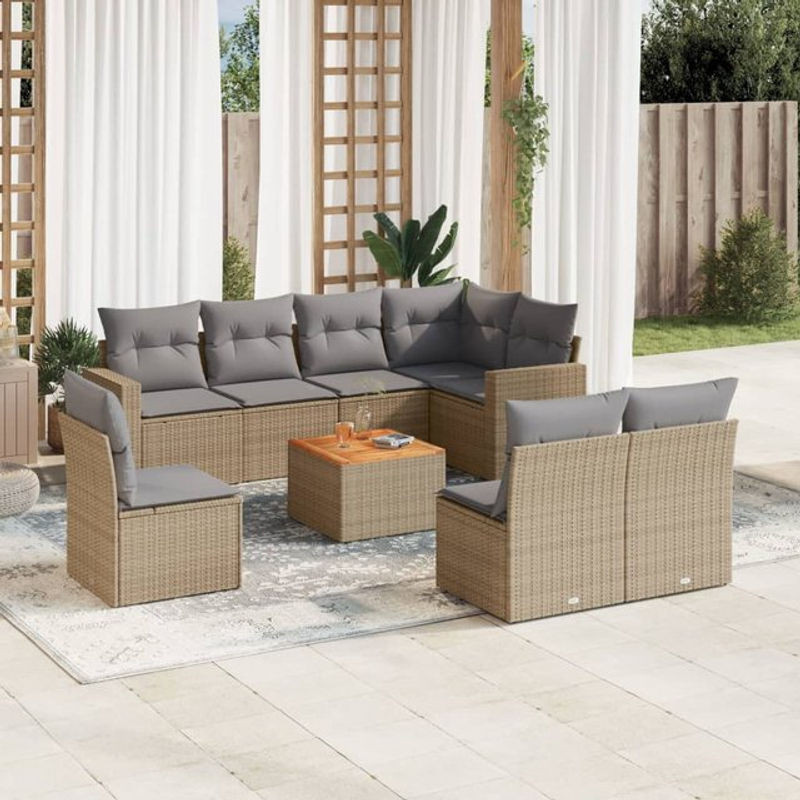 Vidaxl Gartenmöbel-Set aus Rattan und Holz mit Kissen, 9-teilig, Beige, Modernes Design - Bild 1