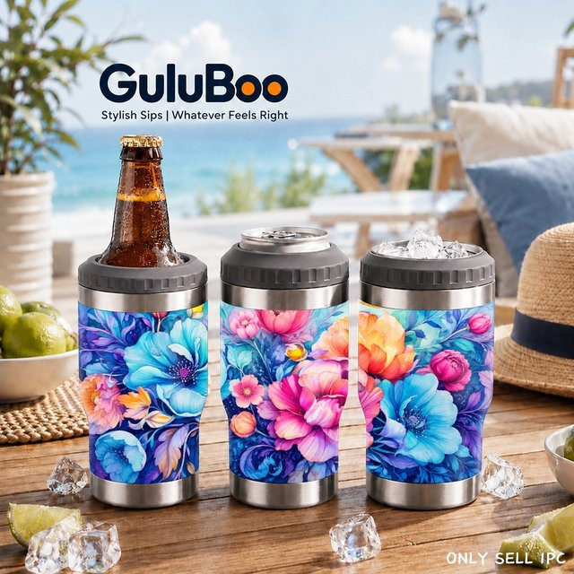 GuluBoo 4-in-1 Isolierte Vakuumflasche aus Edelstahl mit blauem bunten Blumenmuster - Bild 1