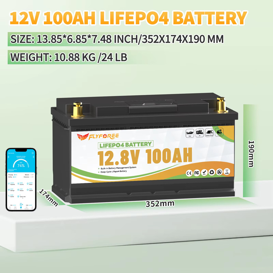 FLLYROWTH 12V 100Ah LiFePo4 Lithium-Batteriepack mit Bluetooth und 100A BMS für Wohnmobil, Boot und Solar-Anwendungen - Bild 2
