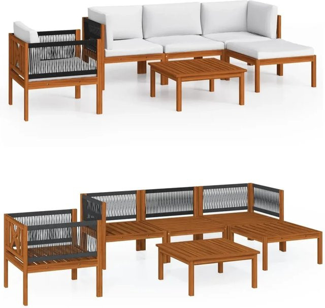 vidaXL 6-teiliges Garten-Lounge-Set aus Akazienholz und Seil in Beige mit Kissen im L-Shape Design - Bild 1