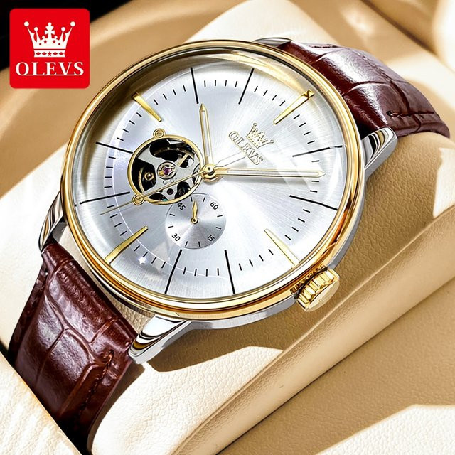 OLEVS Armbanduhr, Automatik, Edelstahl, Gold, Leder, Herren - Bild 1