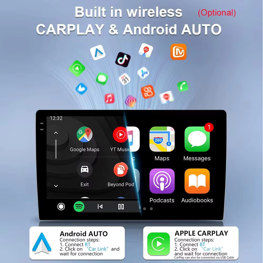 Nevegetor Android 16 Autoradio mit Carplay und Android Auto, 9 bis 10 Zoll Universal Multimedia-Player mit GPS und WLAN, 8-Kern Stereo in Schwarz - Bild 2
