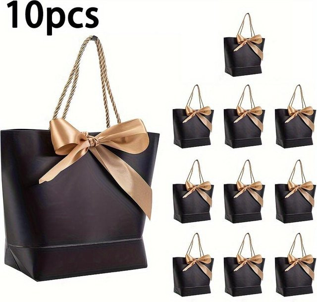 WTEMPO 10er Set Papiergeschenktüten mit Griffen und goldener Schleife in Schwarz für Hochzeiten, Geburtstage und Partys, B/H: 10,0 x 28,0 cm - Bild 1