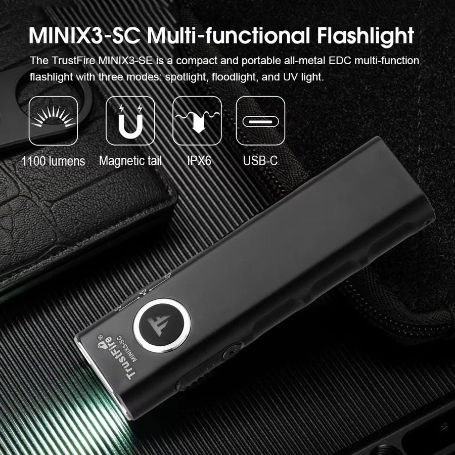 TrustFire MINIX3-SC EDC-Taschenlampe mit UV-Licht, 1100 lm, schwarz, wasserdicht IPX6 - Bild 2