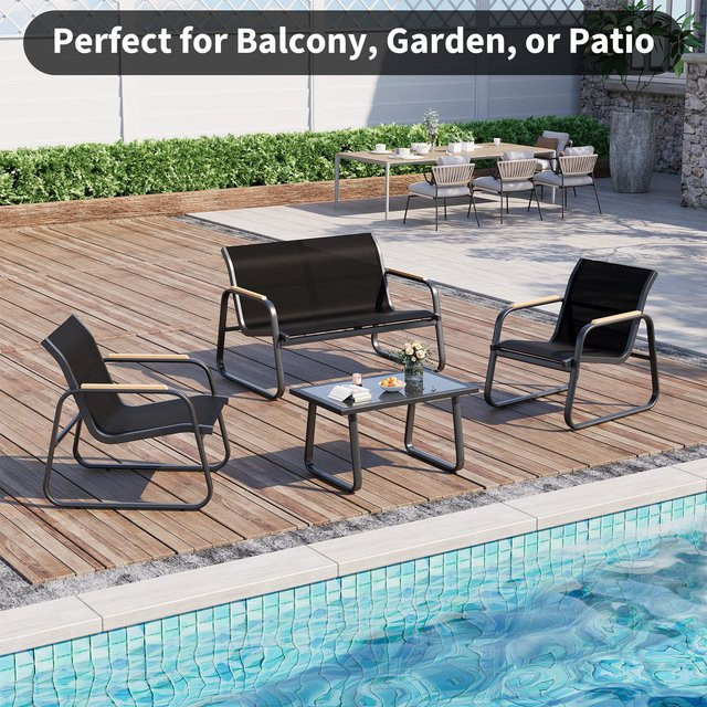 HiMISS 4-teiliges Outdoor-Lounge-Set in Schwarz mit Doppelsofa, 2 Sesseln und Couchtisch aus Glas und pulverbeschichtetem Stahl mit Textilene-Bezug und Kissen - Bild 1