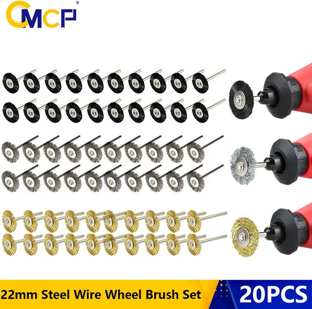 CMCP Draht-Radbürsten-Set für Dremel und Drehwerkzeuge mit 3,0 mm Schaft, Polierwerkzeuge aus Messing, Stahl und Nylon, Durchmesser: 22 mm - Bild 1