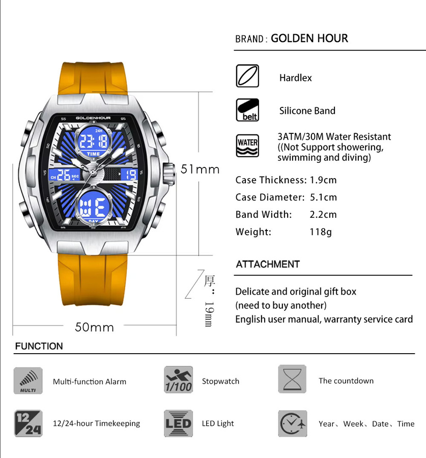 GOLDEN HOUR Chronograph, Quarz, Edelstahl, Silikon, Herren, Schwarz - Bild 4