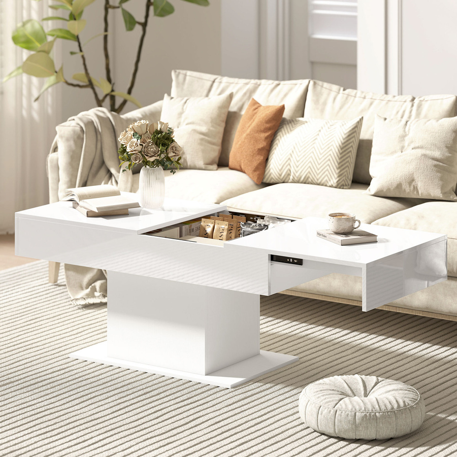 Aosom HOMCOM Ausziehbarer Couchtisch mit Stauraum in Hochglanzweiß, Moderner Wohnzimmertisch, B/T/H: 108-178,5 x 53 x 49 cm - Bild 2