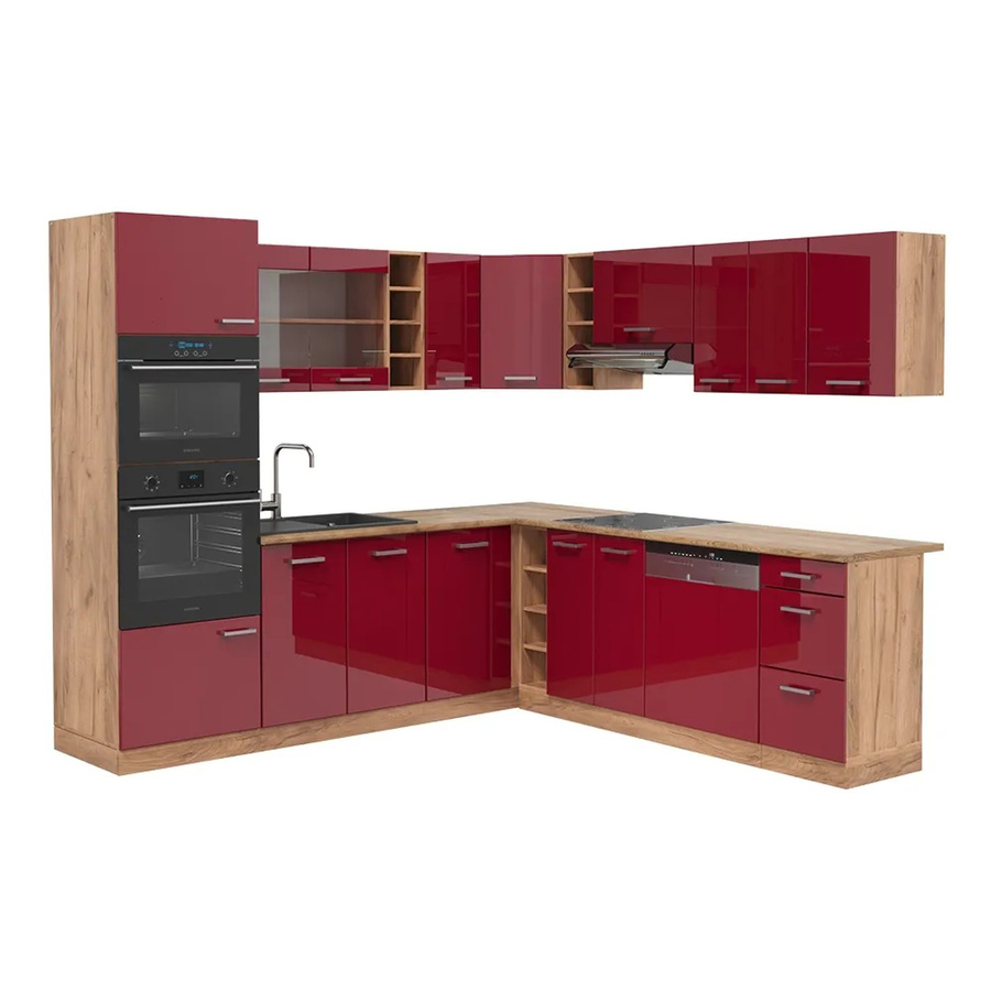 Vicco R-Line Eckküche Bordeaux Hochglanz und Goldkraft Eiche, B/T/H: 237 x 247 x 81,6 cm - Bild 2