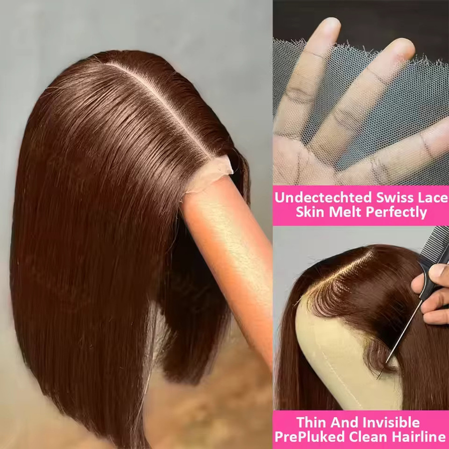 Sooolavely Bob-Perücke Echthaar, Schokoladenbraun, Kurz, Lace Frontal, Damen - Bild 3