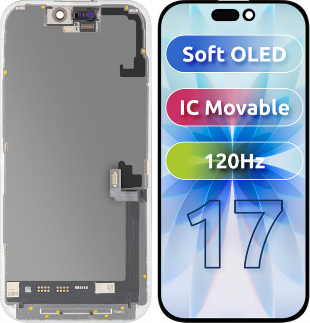 MP Touchscreen-Display kompatibel mit Apple iPhone 17, Soft OLED FHD 120Hz IC Movable Version mit Rahmen, Schwarz - Bild 1