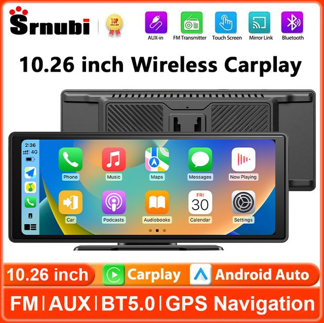 JMCQ Tragbarer 10,26 Zoll Wireless Carplay Multimedia-Videoplayer mit Android Auto, Bluetooth, FM und AUX in Schwarz - Bild 1